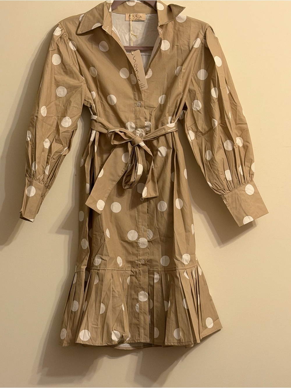 Polka Dot Tie-Waist Mini Dress in Khaki - Picture 3 of 4